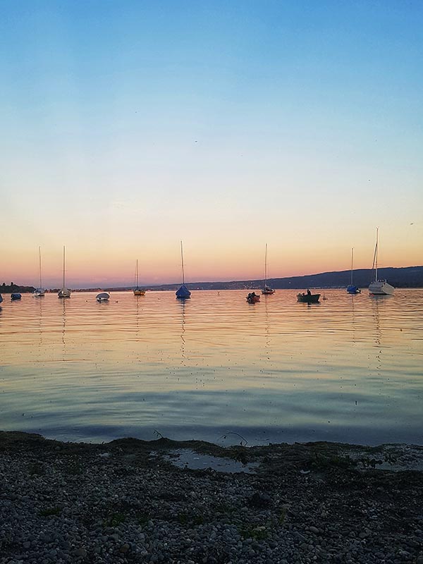 Seebar Radolfzell – Abendstimmung, Seesicht mit Booten